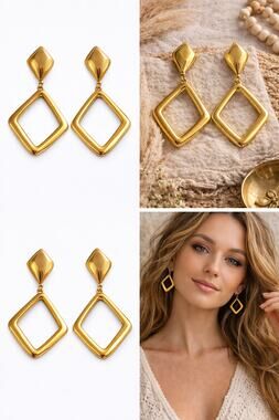 VTG Monet Gold Tone Geometric Dangle Earrings Open Diamond Statement 80s